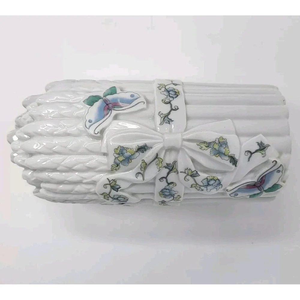 VTG 70S Elizabeth Arden Blue Grass Artful Asparagus Porcelain Talcum Box W/Scoop